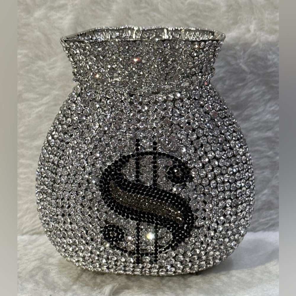 Silver money rhinestone clutch